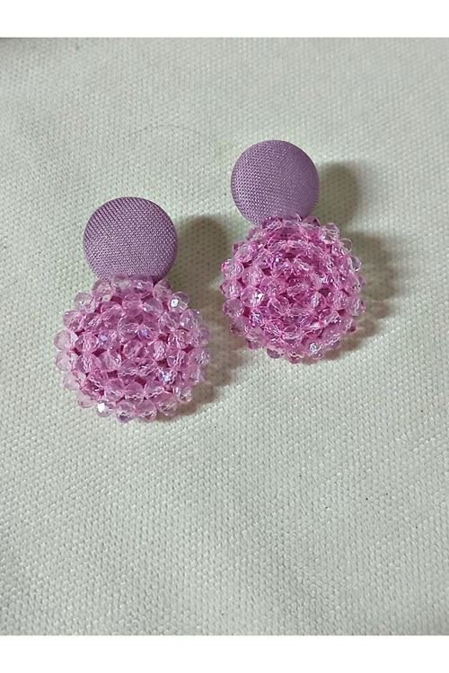 Kesme Boncuklu Dokulu Pembe Küpe