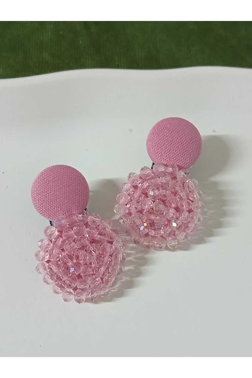 Kesme Boncuklu Dokulu Pembe Küpe