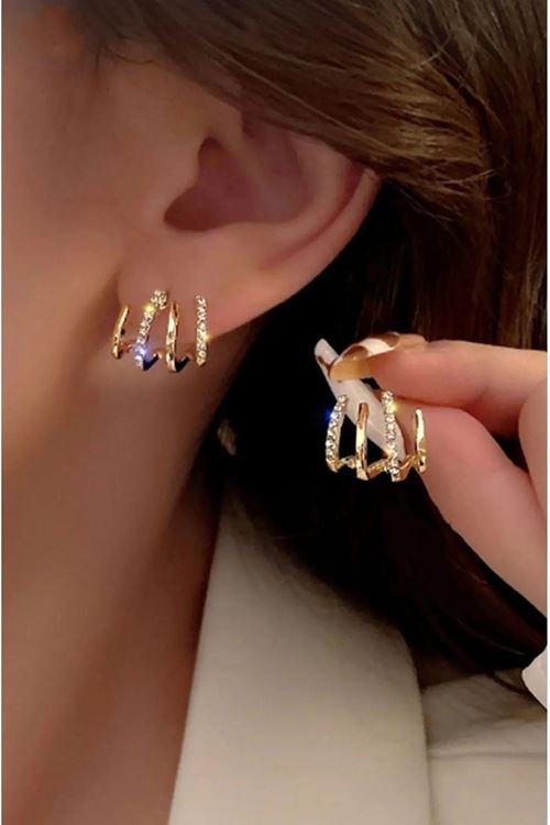 Gold Kristal Taşlı Çoklu Görünümlü Küpe