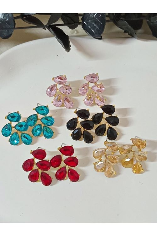 Kırmızı Gold Kristal Taşlı Yaprak Küpe