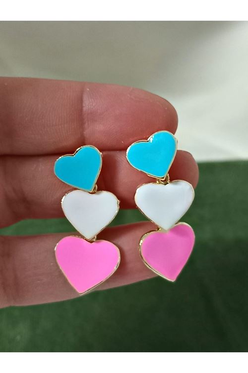 Pembe Mavi Beyaz Mineli Üçlü Kalp Kadın Küpe