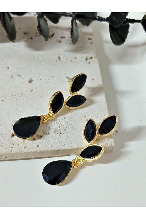Siyah Gold Kristal Taşlı Yaprak Küpe