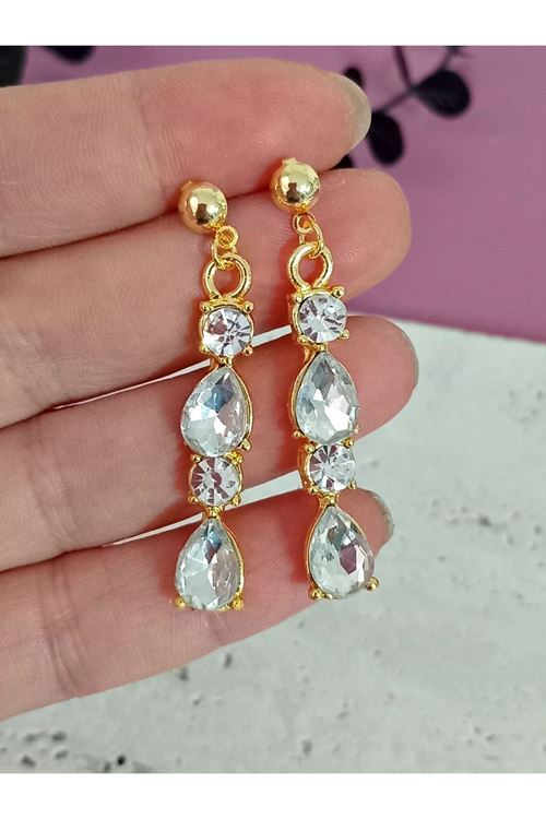 Beyaz Gold Kristal Taşlı Abiye Kadın Küpe