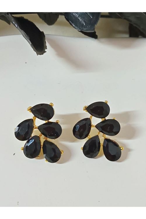 Siyah Gold Kristal Taşlı Yaprak Küpe