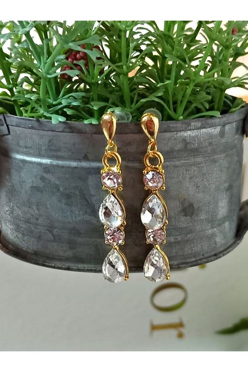 Beyaz Gold Kristal Taşlı Abiye Kadın Küpe