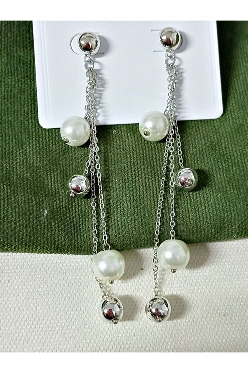 Gümüş Top İnci Sallantılı Uzun Şık Küpe