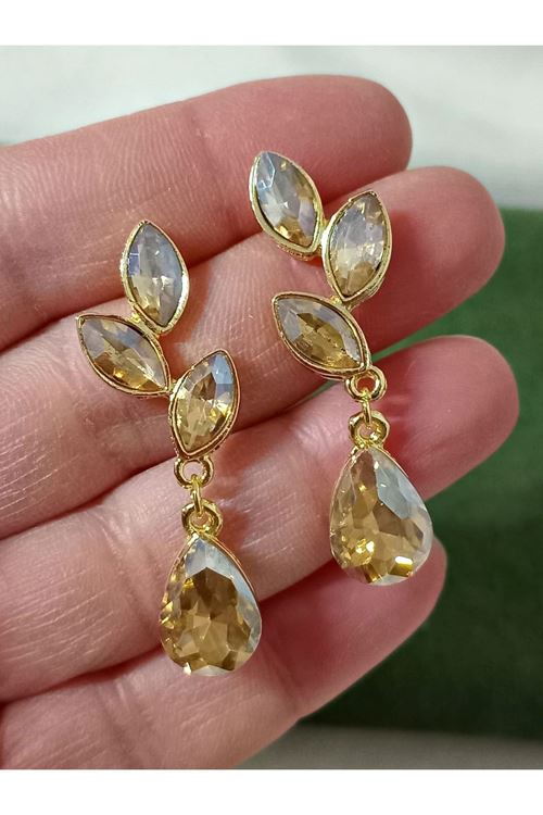 Bal Rengi Gold Kristal Taşlı Yaprak Küpe
