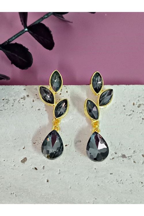Antrasit Gold Kristal Taşlı Yaprak Küpe