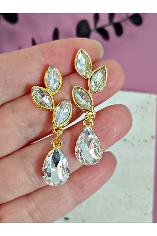 Gold Kristal Taşlı Beyaz Yaprak Kadın Küpe