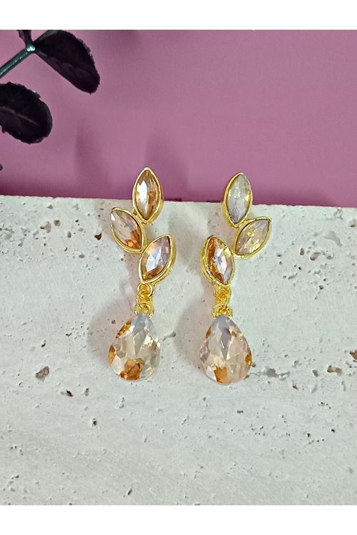 Bal Rengi Gold Kristal Taşlı Yaprak Küpe