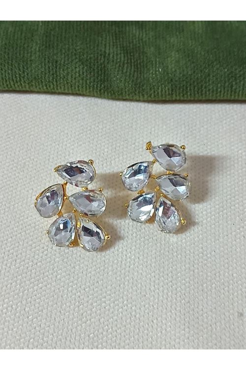 Beyaz  Gold Kristal Taşlı Yaprak Küpe Abiye Günlük