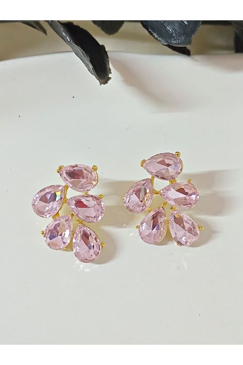 Pembe Gold Kristal Taşlı Yaprak Küpe