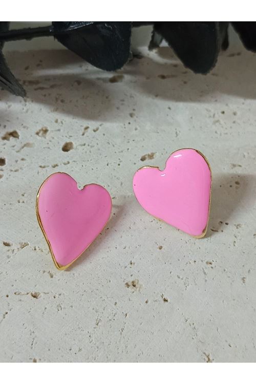 Pembe Mineli Küçük Kalp Kadın Küpe, Pembe Kalp
