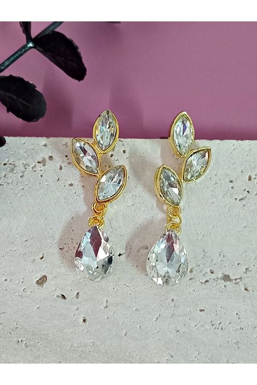 Gold Kristal Taşlı Beyaz Yaprak Kadın Küpe