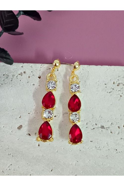 Kırmızı Gold Kristal Taşlı Abiye Kadın Küpe
