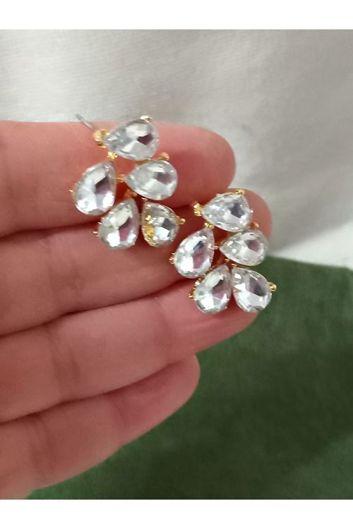 Beyaz  Gold Kristal Taşlı Yaprak Küpe Abiye Günlük
