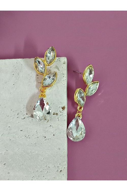 Gold Kristal Taşlı Beyaz Yaprak Kadın Küpe
