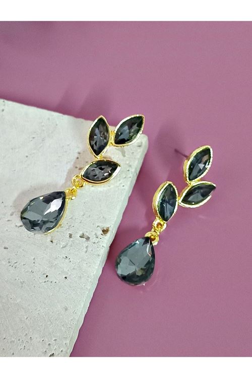 Antrasit Gold Kristal Taşlı Yaprak Küpe