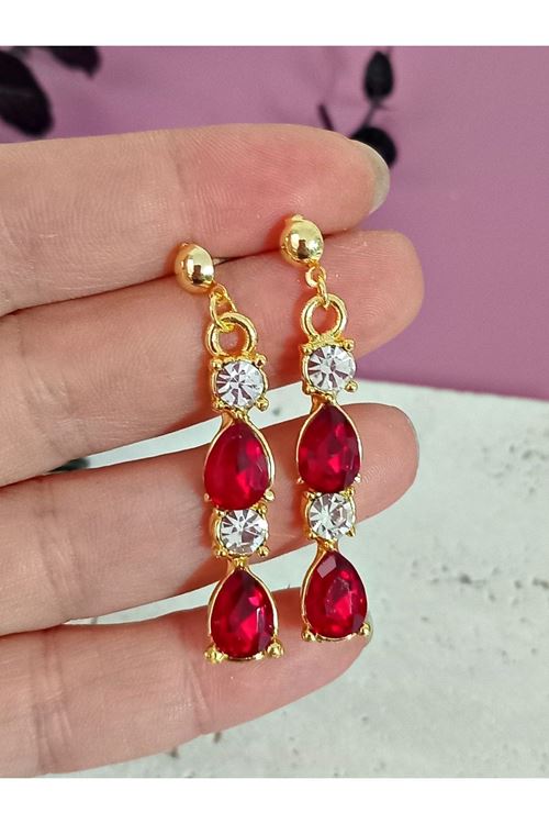 Kırmızı Gold Kristal Taşlı Abiye Kadın Küpe