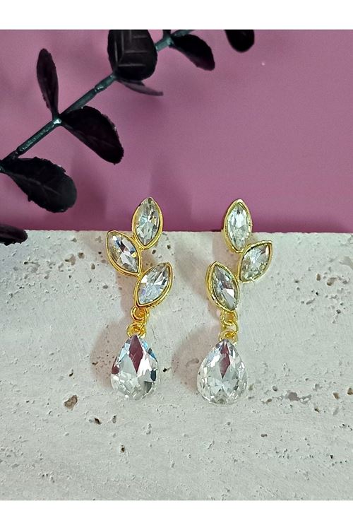 Gold Kristal Taşlı Beyaz Yaprak Kadın Küpe