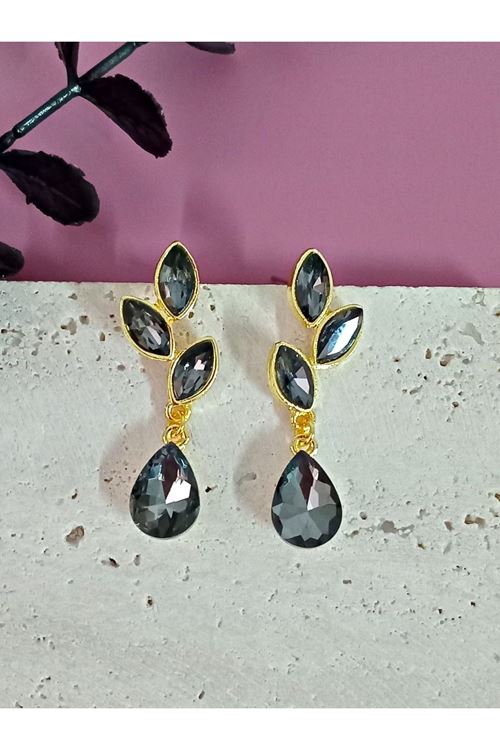 Antrasit Gold Kristal Taşlı Yaprak Küpe