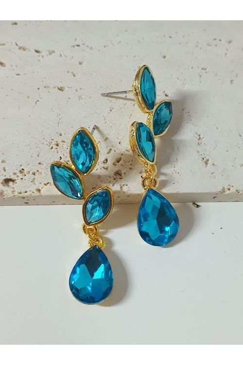 Mavi Gold Kristal Taşlı Yaprak Küpe