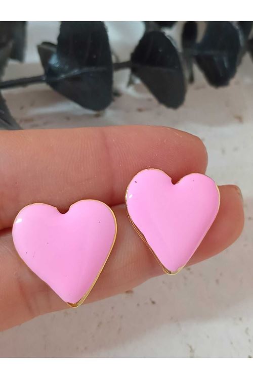 Pembe Mineli Küçük Kalp Kadın Küpe, Pembe Kalp