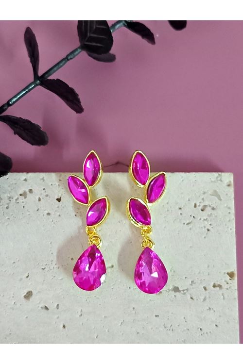 Pembe Gold Kristal Taşlı Yaprak Küpe