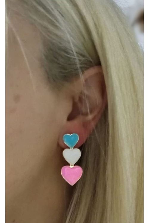 Pembe Mavi Beyaz Mineli Üçlü Kalp Kadın Küpe