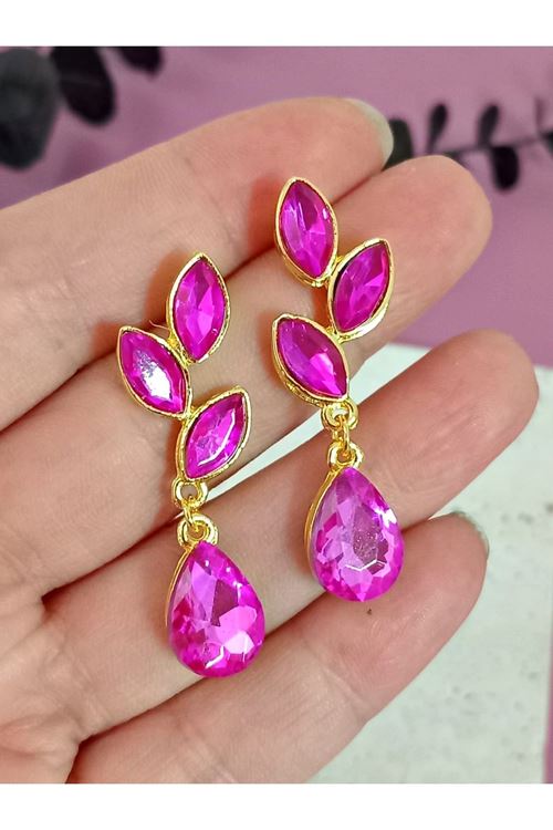 Pembe Gold Kristal Taşlı Yaprak Küpe