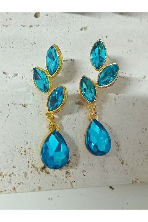 Mavi Gold Kristal Taşlı Yaprak Küpe