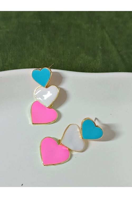 Pembe Mavi Beyaz Mineli Üçlü Kalp Kadın Küpe