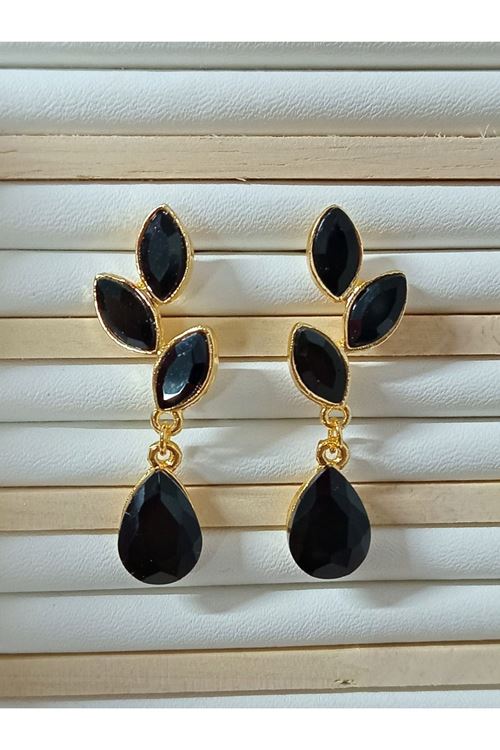 Siyah Gold Kristal Taşlı Yaprak Küpe