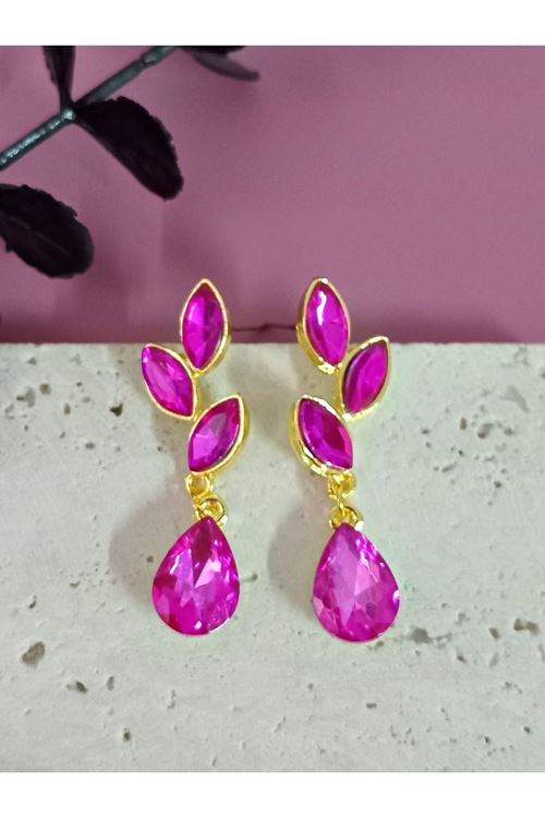 Pembe Gold Kristal Taşlı Yaprak Küpe