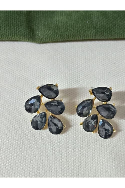 Antrasit Gold Kristal Taşlı Yaprak Küpe Abiye Günlük