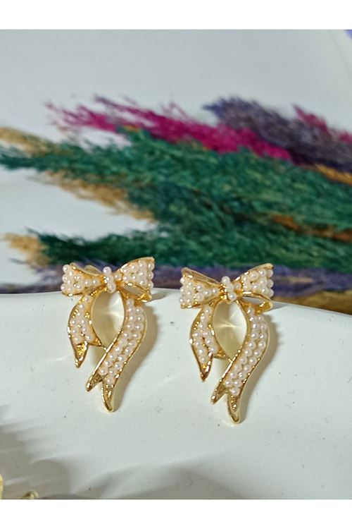 Gold İncili Fiyonk Tasarım Kadın Küpe