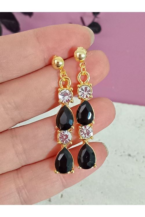 Siyah Gold Kristal Taşlı Abiye Kadın Küpe