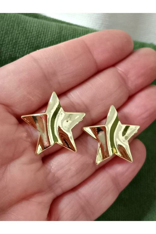 Gold Yıldız Dalagalı  Plaka Küpe