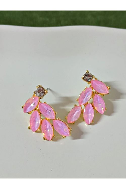 Kristal Taşlı Pembe Yaprak Kadın Küpe