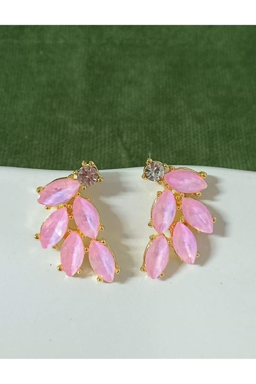 Kristal Taşlı Pembe Yaprak Kadın Küpe