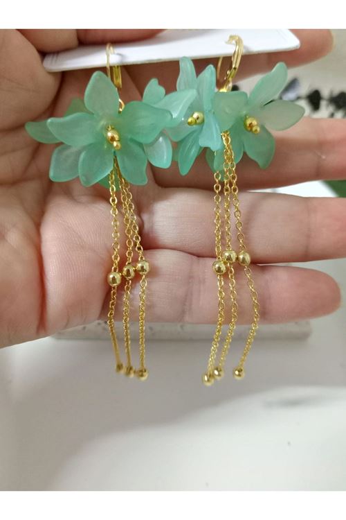 Yeşil Çiçek Gold Sallantılı Uzun Kadın Küpe