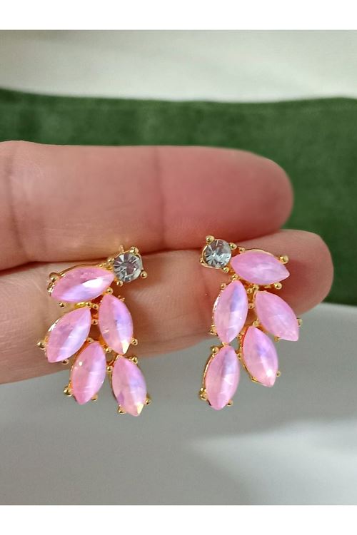 Kristal Taşlı Pembe Yaprak Kadın Küpe