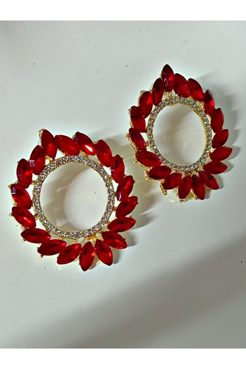Kırmızı Kristal Taşl Çember Halka Gold Abiye Şık Kadın Küpe