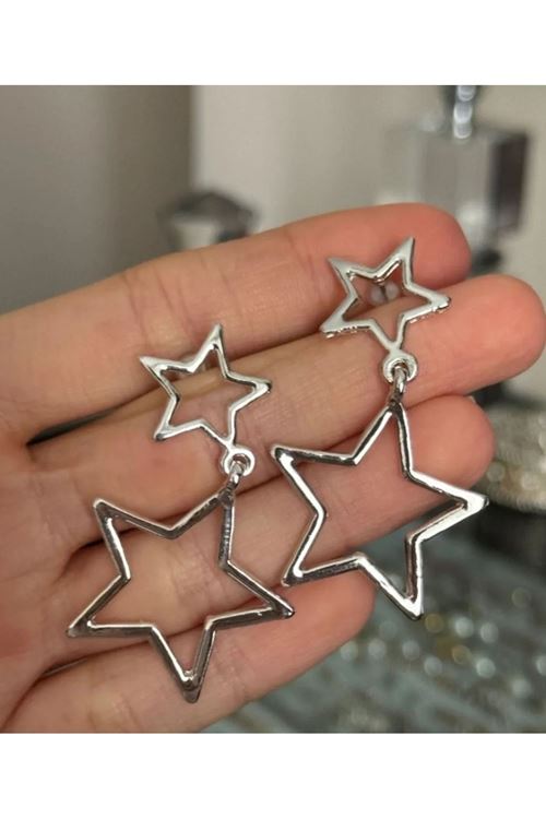 Gümüş Çift Yıldız Temalı Sallantılı Kadın Küpe
