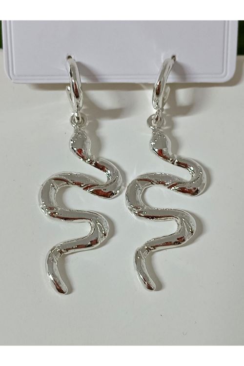 Gümüş Yılan Tasarım Büyük Kadın Küpe (7CM)