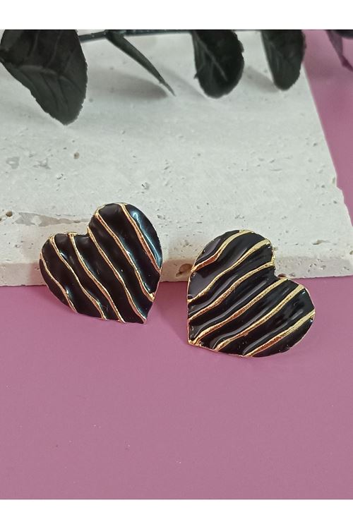 Gold Mineli Kalp Şekilli  Tasarım Düğme Kadın Küpe