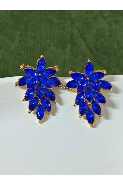 Mavi Kristal Taşlı Gold Abiye Şık Kadın Küpe