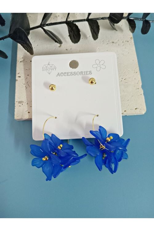 4 Parça Lacivert Çiçek Gold Halka Kadın Küpe