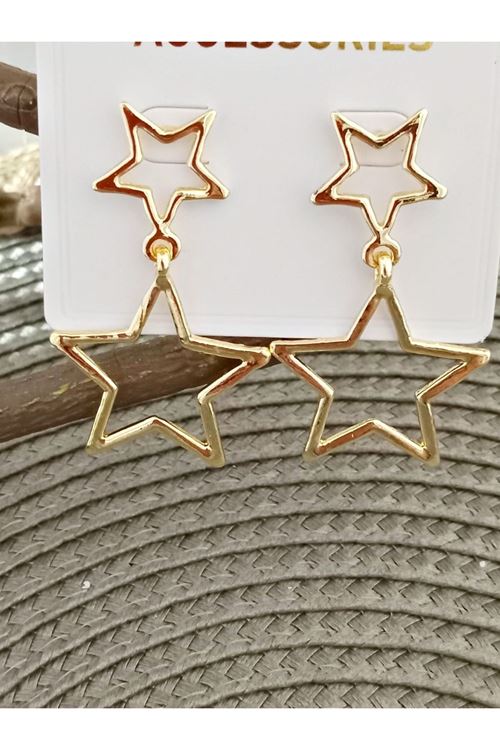 Gold Çift Yıldız Temalı Sallantılı Kadın Küpe