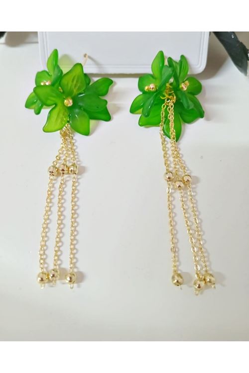 Koyu Yeşil Çiçek Gold Sallantılı Uzun Kadın Küpe